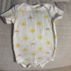 Primary White Bodysuit with Yellow Suns and Rainbow Print